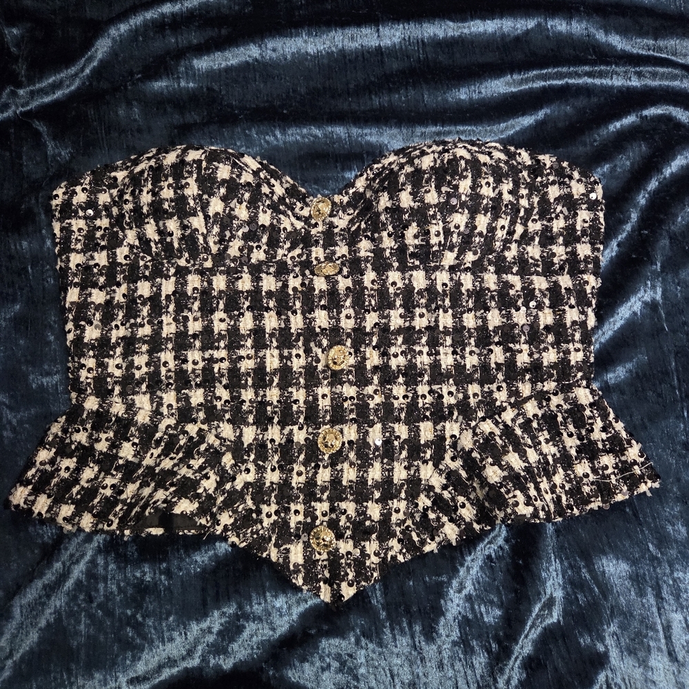 Strapless Houndstooth Black & White Sweetheart Bustier Peplum Top Slight Sequin - Picture 2 of 7